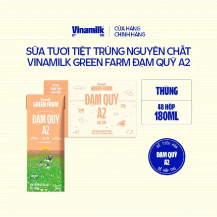 Thùng 48 hộp Sữa tươi Nguyên chất Tiệt trùng Vinamilk Green Farm A2 Không Đường- 180ml